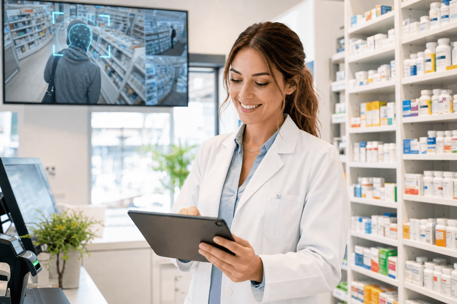 Pharmacist using IntelliGuard on a tablet with AI detection on the store display