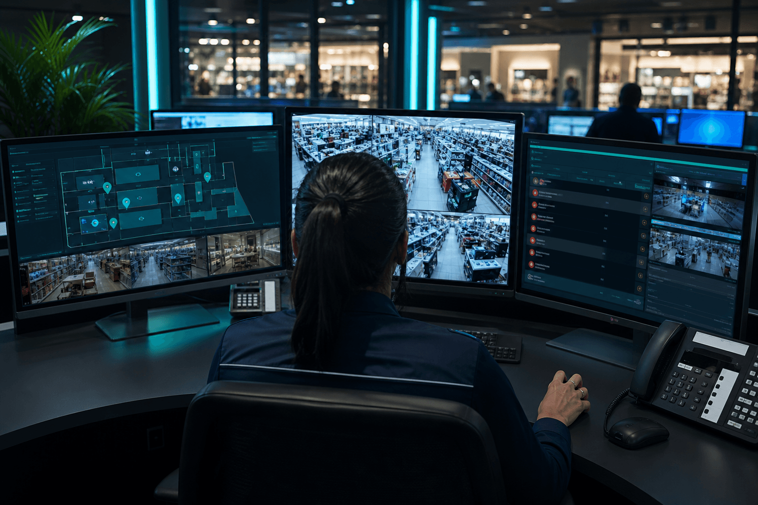 Operations team monitoring retail security dashboards from a curved multi-monitor workstation