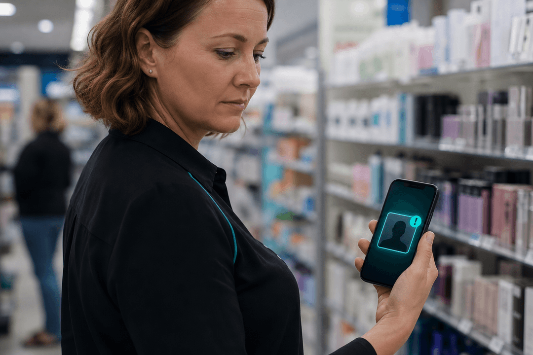 Retail manager receiving an instant on-premises theft alert on the shop floor