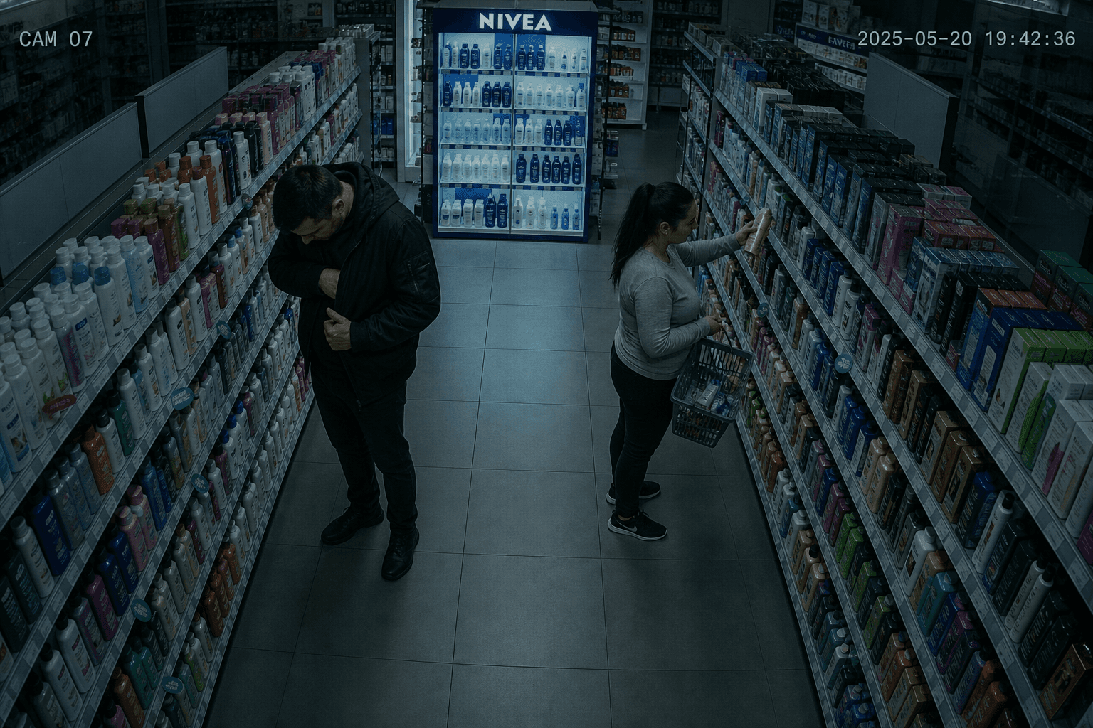 Standard CCTV footage showing a pharmacy aisle