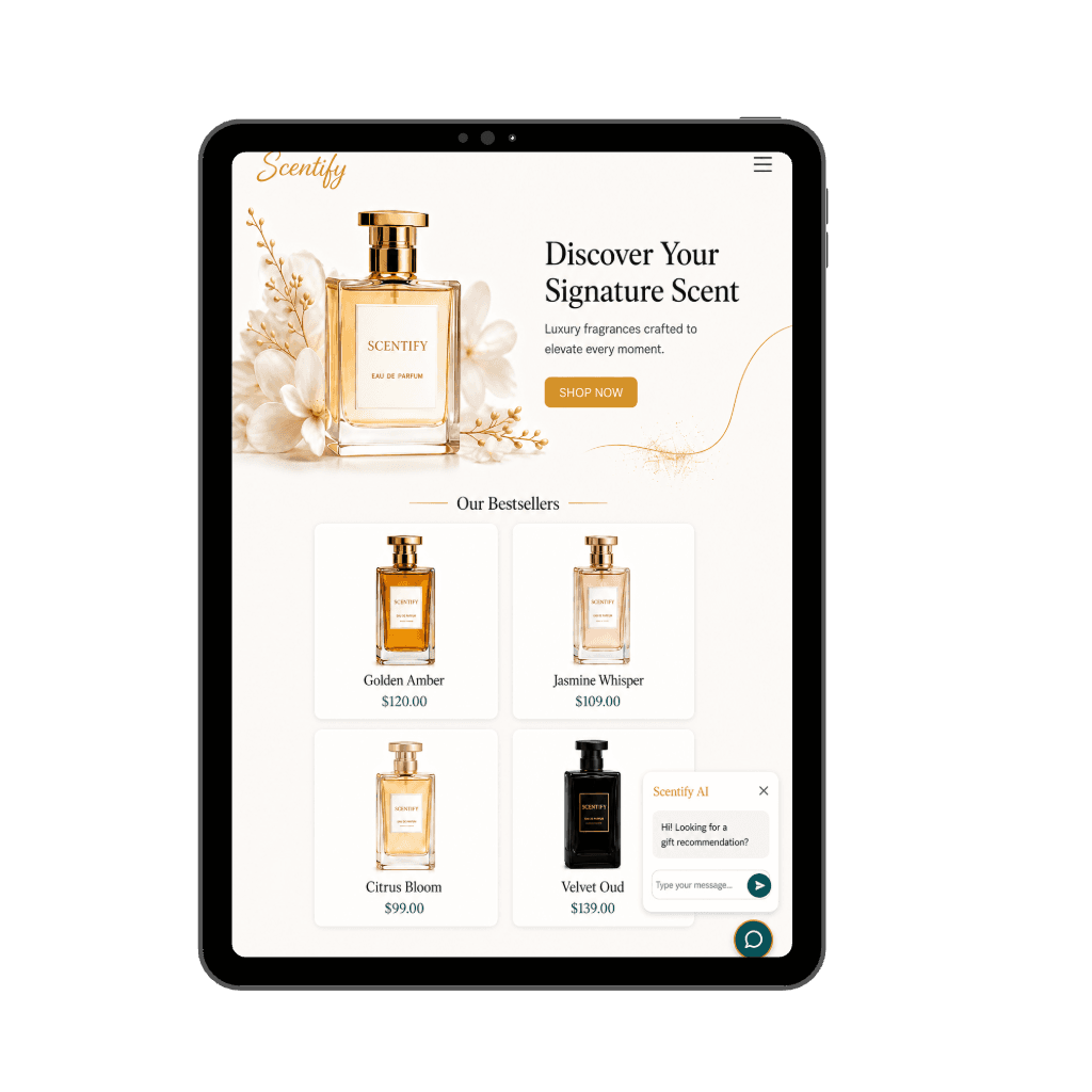 Scentify perfume website with AI chatbot on tablet