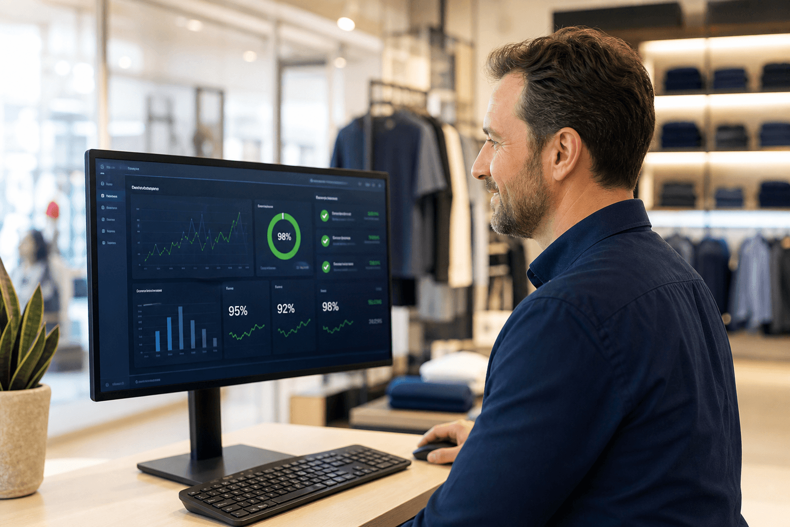 Retail manager reviewing AI analytics dashboard