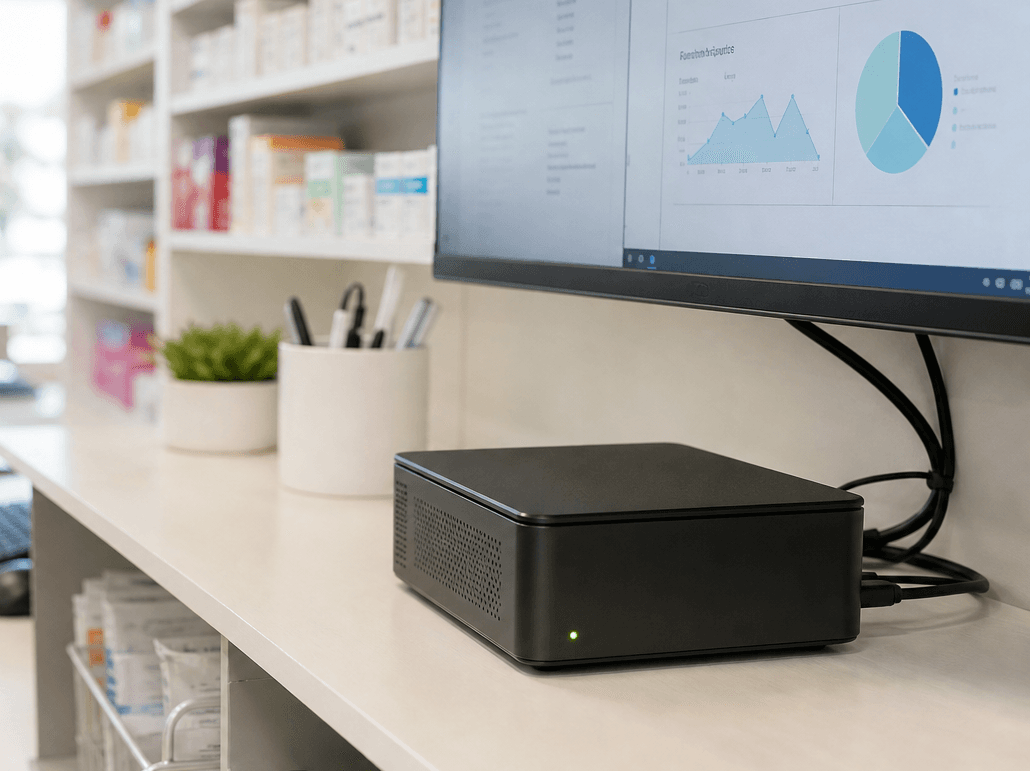 NeuraIQ edge appliance installed on a pharmacy shelf - all processing stays on-premises