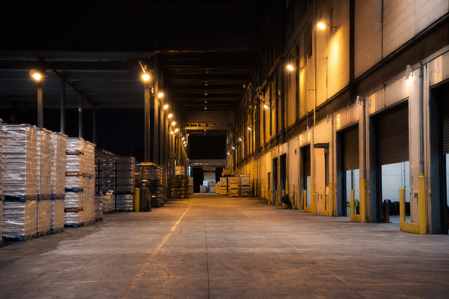 After-hours loading bay with pallet stacks and security lighting