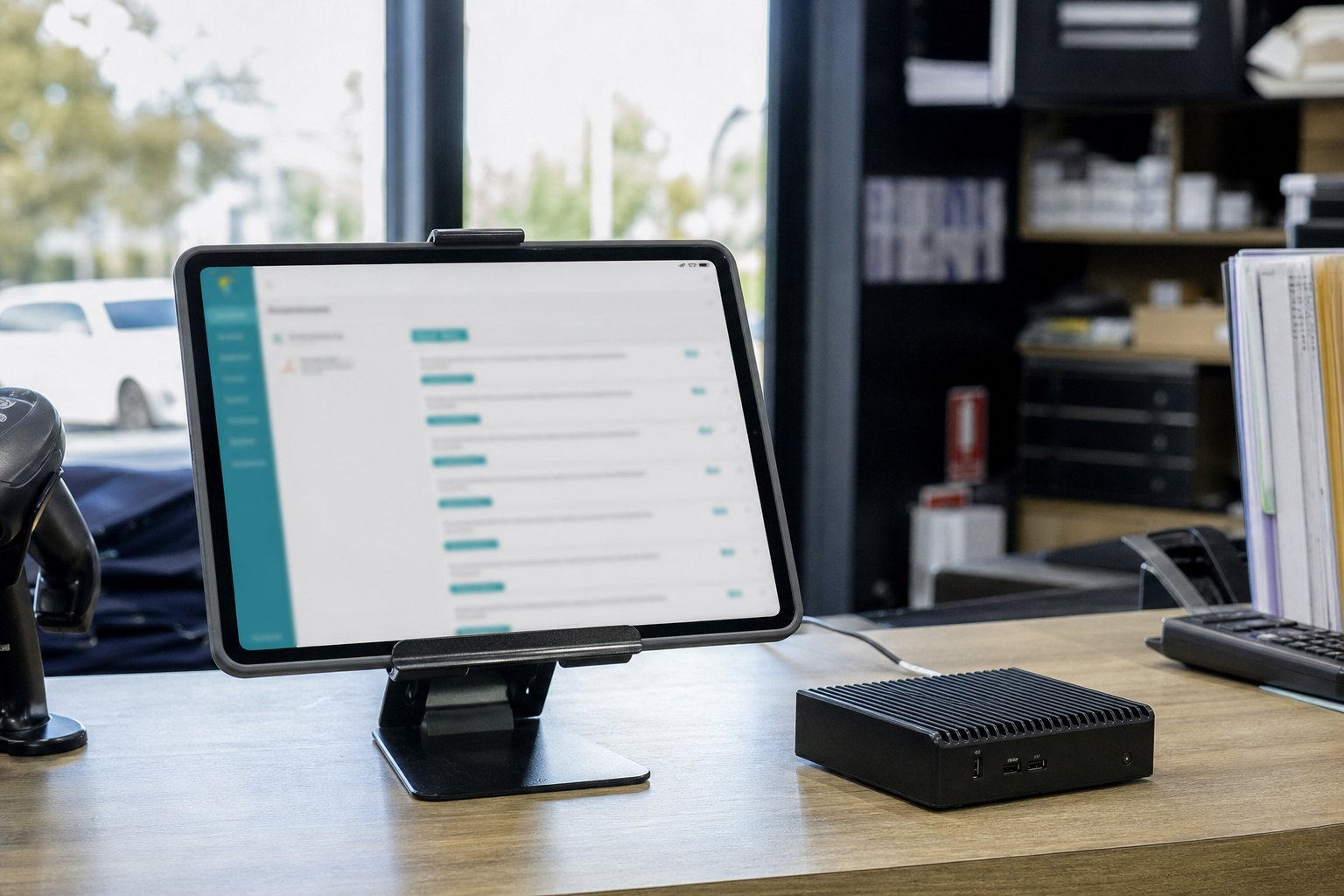 Prioritised adoption backlog on a tablet beside an on-premises edge appliance